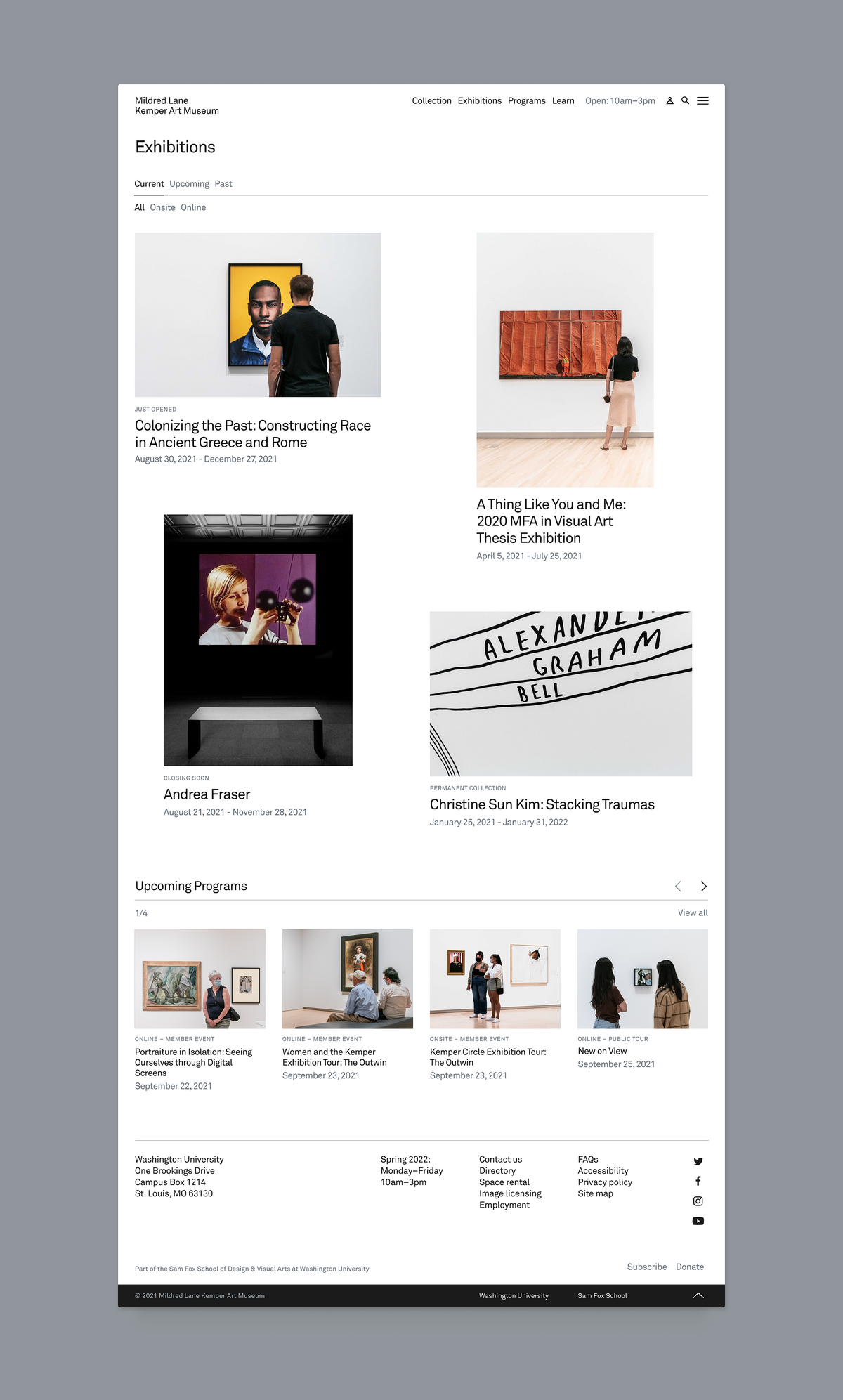 Image of the exhibitions page layout and features on the Kemper Art museums website.